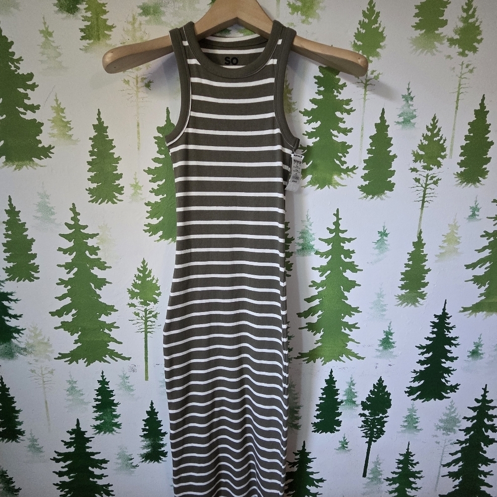 SO Olive Green and White Striped Maxi Ribbed Tank Dress